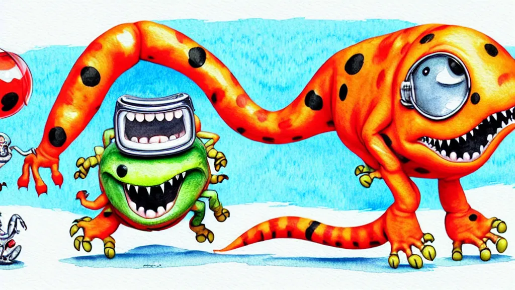 Image similar to cute and funny, t - rex wearing a t - shirt dancing with a ladybug of the same size, ratfink style by ed roth, centered award winning watercolor pen illustration, isometric illustration by chihiro iwasaki, edited by range murata, tiny details by artgerm and watercolor girl, symmetrically isometrically centered