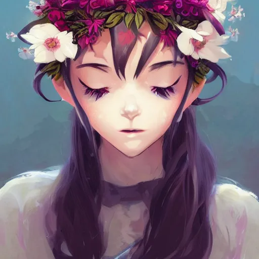 Image similar to portrait of anime pixie character with flower crown hair, manga cover, highly detailed, digital painting, artstation, concept art, sharp focus, illustration, strong brush stroke, anime, art by greg rutkowski, ilya kuvshinov, sharp focus, ghibli studio, art by ilya kuvshinov, rossdraws