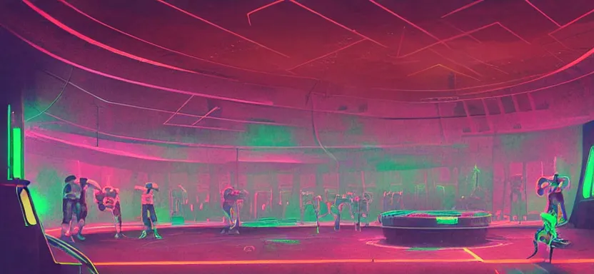 Image similar to handmade illustration of futuristic boxing ring, line art, octane render with volumetric lighting, watercolor by Kilian Eng and by Jake Parker, olympic weight room in bladerunner dystopia future, neon radioactive swamp