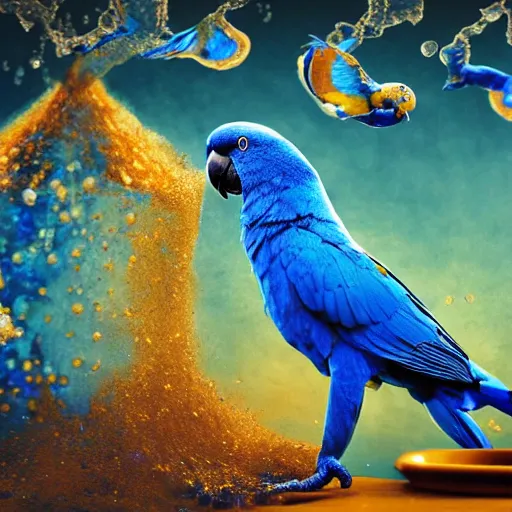 Image similar to blue parrots emerging from fluids mixing, atmospheric liquids, ornate intricate, hyper realistic, 16k, post processing, saturated blue colors, nature background