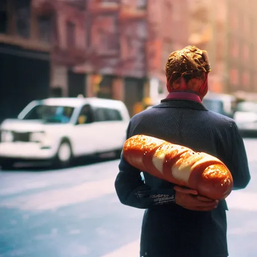 Image similar to closeup portrait of a man carrying a giant hotdog on his shoulder in a smoky new york back street, by Annie Leibovitz and Steve McCurry, natural light, detailed face, CANON Eos C300, ƒ1.8, 35mm, 8K, medium-format print