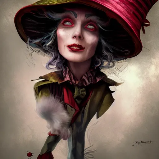 Image similar to realistic, full body portrait, attractive crazy female mad hatter, by Jordan Grimmer and greg rutkowski, crisp lines and color,