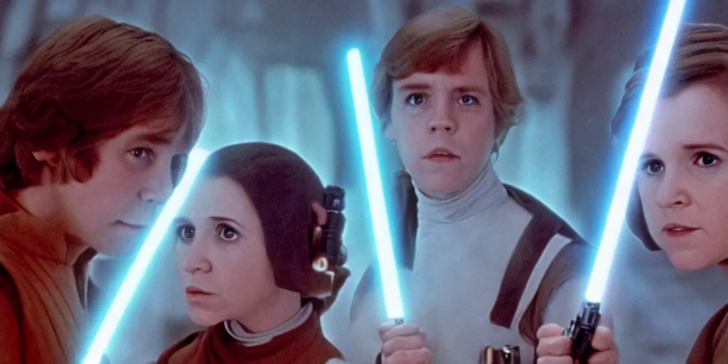 Image similar to screenshot of Luke Skywalker teaching Princess Leia the force, the two people are in a lost jedi Temple, 1970s sci fi film by Stanely Kubrick film, color kodak, Ektachrome, anamorphic lenses, detailed faces, hyper-realistic, photoreal, detailed portrait, moody cinematography, strange lighting