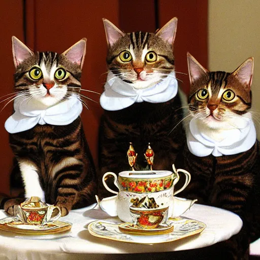 Prompt: three tabby cats attend a fancy english tea party, flickr explore