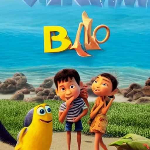 Prompt: a shot from upcoming pixar movie about Bali with text: oka