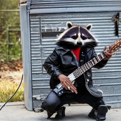 Prompt: raccoon wearing leather jacket and playing electric guitar in a dumpster