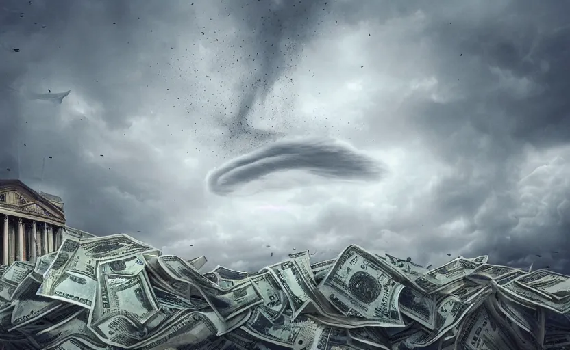 Prompt: A tornado of cash hitting a government building, landscape art, concept art, intense