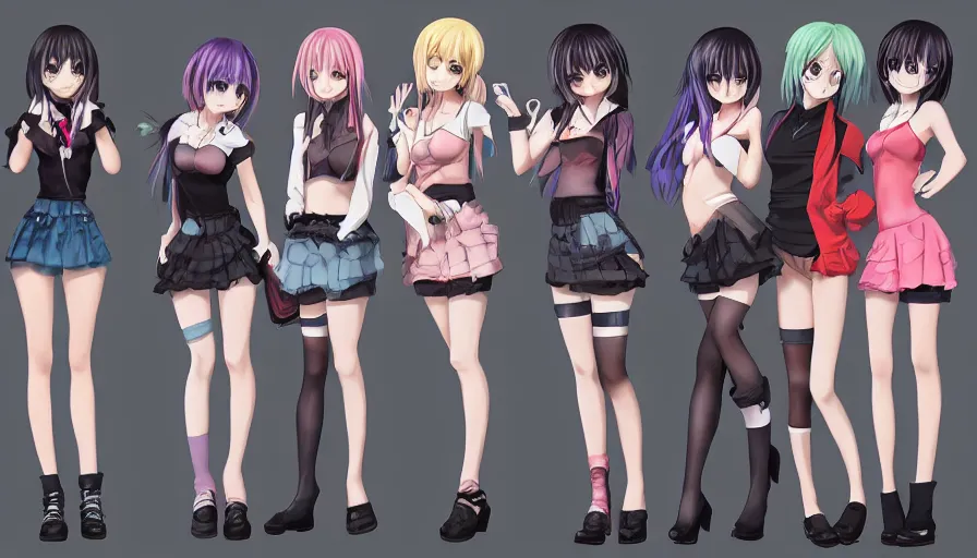 Image similar to group of cute anime characters in very short miniskirts, lightly dressed, ultra detailed digital art, hyper real, detailed, group photo, ultra detailed, ground up angle