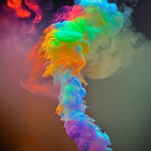 Image similar to multi color smoke, one smoke is reminiscent of a dragon's head and outstretched ribbed wings, billowy, hdr, 8 k, 4 k