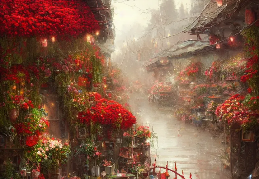 Image similar to A very detailed red flower in a cozy floral shop, a fantasy digital painting by Greg Rutkowski and James Gurney, trending on Artstation, highly detailed
