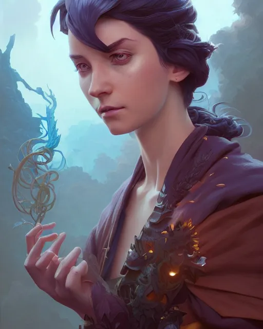 Prompt: highly detailed vfx portrait of a fantasy mage, unreal engine, greg rutkowski, loish, rhads, beeple, makoto shinkai and lois van baarle, ilya kuvshinov, rossdraws, tom bagshaw, alphonse mucha, global illumination, detailed and intricate environment