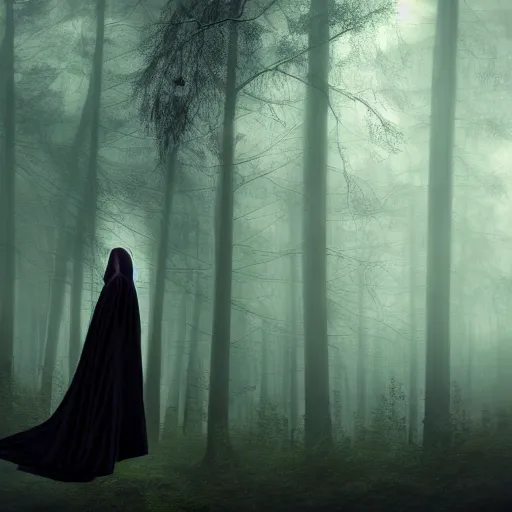 Prompt: a high detailed photo of a lady in a dark cloak suspended in mid air, ancient forest, mist, 35mm, photorealistic, realistic, deviantart, gloomy atmosphere, high definition