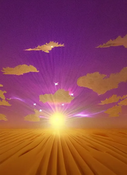 Image similar to rising sun white subtle dawn purple gold god rays clouds sand gold salt crystals sharp detail 3d render simple background graphic ultra simplified fai khadra gaika style