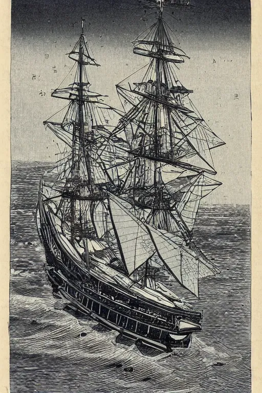 Prompt: 19th century wood-engraving of a Meiji era Japanese land warship walking on two legs, whole page illustration from Jules Verne book, art by Édouard Riou Jules Férat and Henri de Montaut, high quality, beautiful, highly detailed, removed watermarks