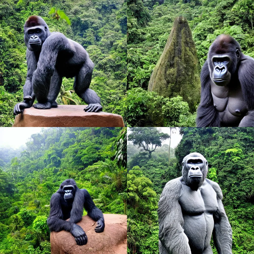 Prompt: a photo taken by adventurers of a marble statue of a gorilla ruins covered by the dense jungle, award winning photo