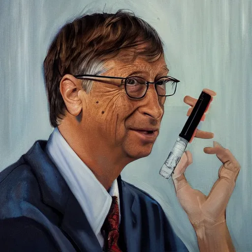 Image similar to an oilpainting of in the foreground a syringe in focus, in the background slightly out of focus a terrified Bill Gates, trending on artstation, hyper realistic