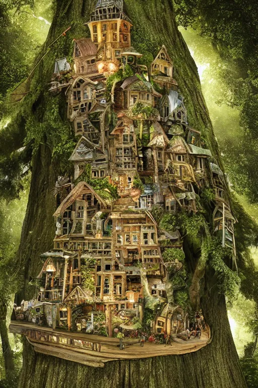 Prompt: a miniature city built into the trunk of a single colossal tree in the forest, with tiny people, lit windows, close - up, low angle, wide angle, awe - inspiring, highly detailed digital art