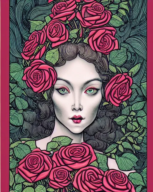 Prompt: lady overgrown with roses tarot card by james jean, masterpiece, intricate, very detailed, realistic eyes, abstract, vivid, aesthetic