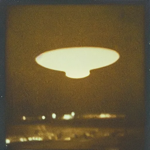Image similar to photo of a ufo flying over a first at night, grainy photo, old polaroid,