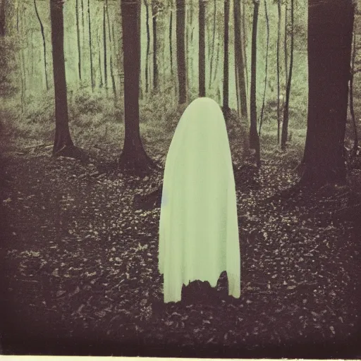 Prompt: 1960s art of ghost in magic forest, polaroid, kodak, film grain