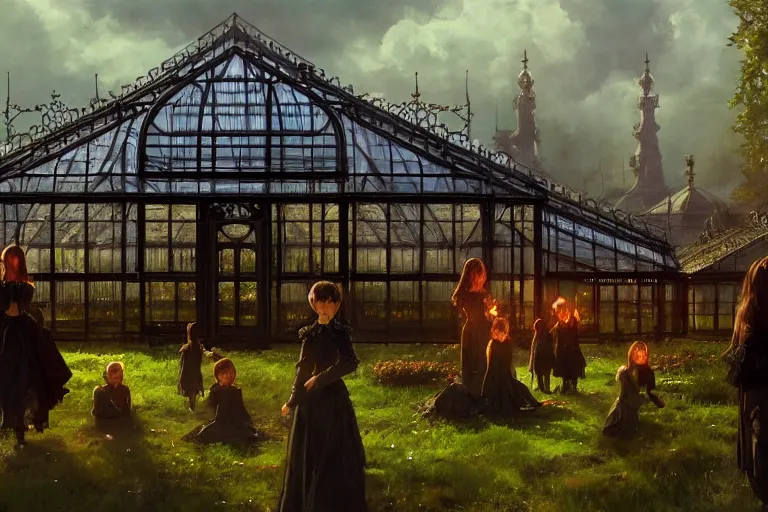 Image similar to an ornate victorian greenhouse, dark satanic ritual in front, scene in an open field. 1 8 9 0, key visual, conceptart, ambient lighting, highly detailed, digital painting, artstation, concept art, sharp focus, by makoto shinkai and akihiko yoshida and greg manchess