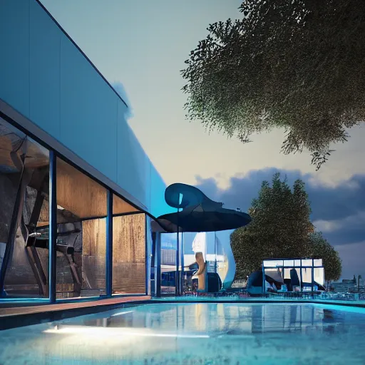 Image similar to a bar made with translucid fabric, swimming pool in front, parametric, blue hour, hyperrealistic, elevation, vray, unreal engine, architecture, luxigon