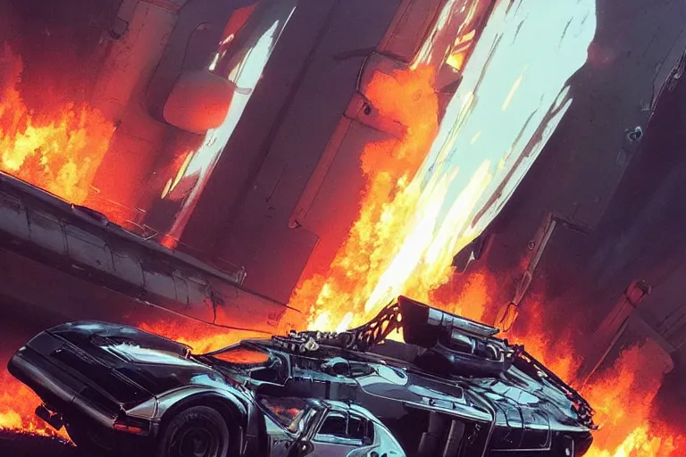 Prompt: 2 0 0 1 space odyssy diesepunk honda nsx mad max speeding through a burning fuel depot chase under fire view from helicopter by greg rutkowski makoto shinkai takashi takeuchi studio ghibli, akihiko yoshida