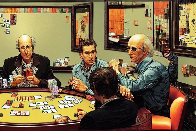 Prompt: larry david playing poker, very coherent, intricate design, painting by Laurie Greasley, part by Yoji Shinkawa, part by Norman Rockwell