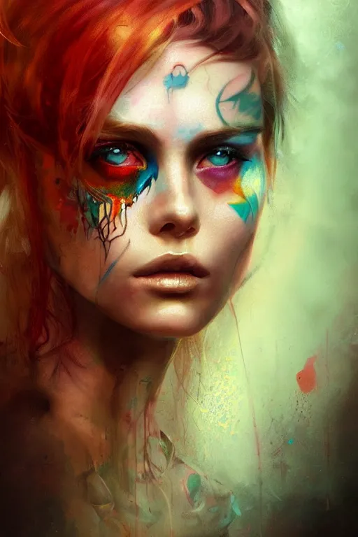 Prompt: girl face with colourful tattoo, volume light, by bastien lecouffe deharme