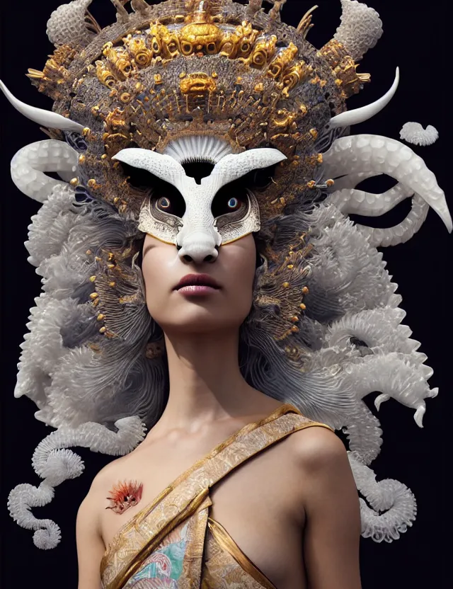 Image similar to 3 d goddess close - up profile portrait with crown, ram skull. beautiful intricately detailed japanese crow kitsune mask and clasical japanese kimono. betta fish, jellyfish phoenix, bio luminescent, plasma, ice, water, wind, creature, artwork by tooth wu and wlop and beeple and greg rutkowski