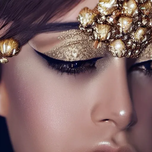 Prompt: close up of face of a fashion model with plated gold on face in luxury dress, black background, official valentino editorial, highly detailed