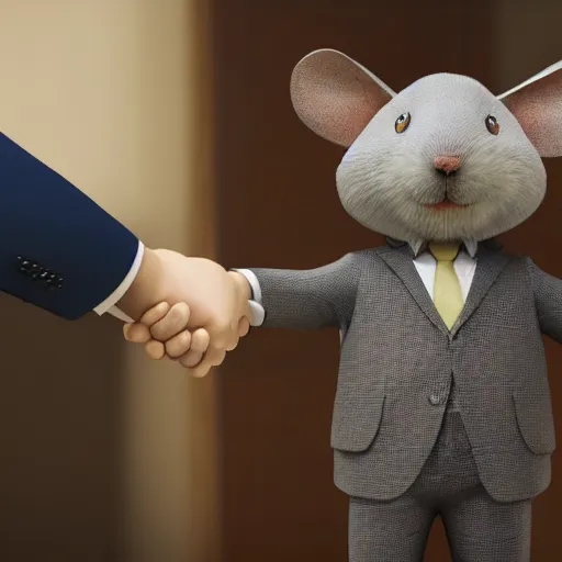 Prompt: a mouse in a suit shaking hands with a rabbit in a suit. Unreal 5 render