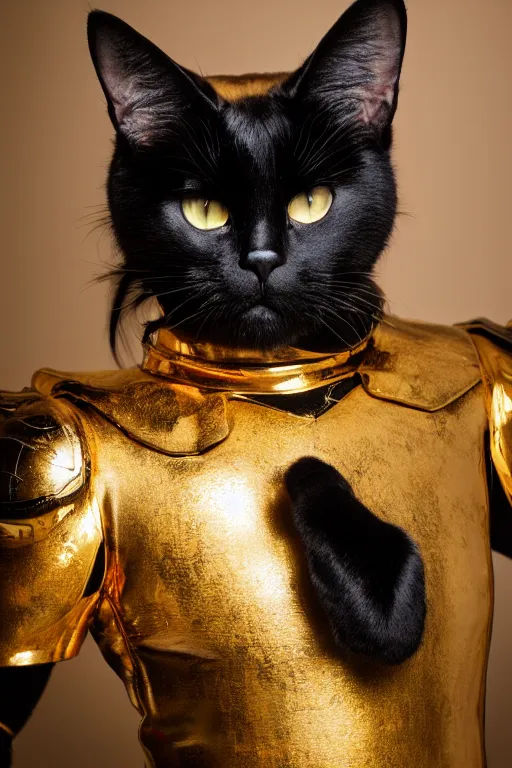 Image similar to a black cat wearing gold plated armor, studio lighting