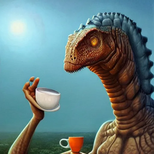 Image similar to A dinosaur drinking coffee, by alex grey, by Esao Andrews and Karol Bak and Zdzislaw Beksinski and Zdzisław Beksiński, trending on ArtStation