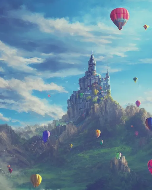 Prompt: flying cloud castle, buildings, baloons, machines, bright, blue sky, mountains, colorful, cinematic lighting, fantasy, high detail, illustration, masterpiece, artstation, 4 k, art by wylie beckert and jana schirmer