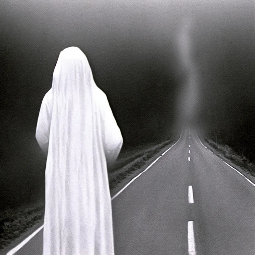 Image similar to 1 9 8 0's recovered film of a pale white figure standing silently on the side of a misty road, photorealistic, grainy, camcorder, old film, low quality, horror, creepy, unsettling, liminal, strangely terrifying