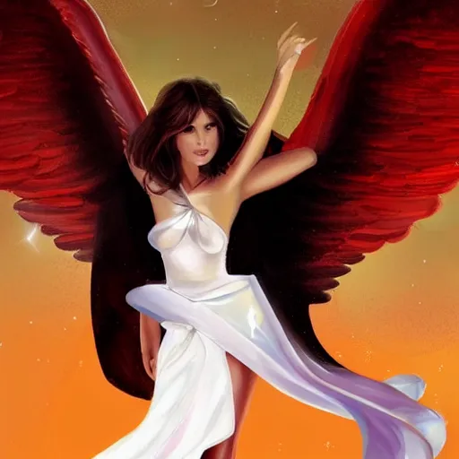 Image similar to Olivia Newton John as an angel, artstation.