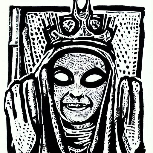 Prompt: queen elizabeth as masked thief, lino print