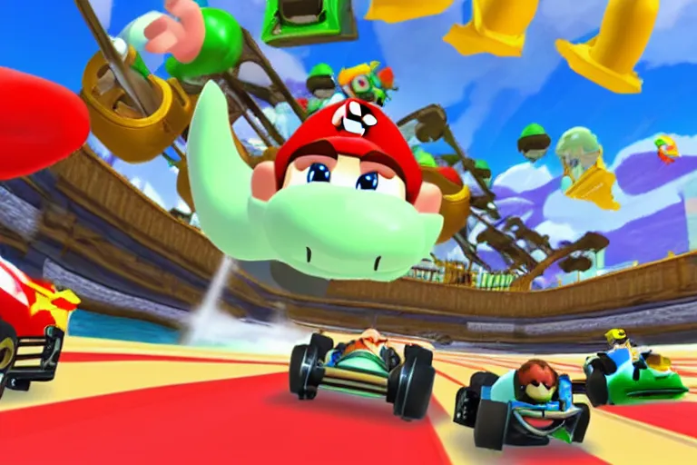 Image similar to whale driving a kart in mario kart double dash, wii screenshot, whale driving a kart