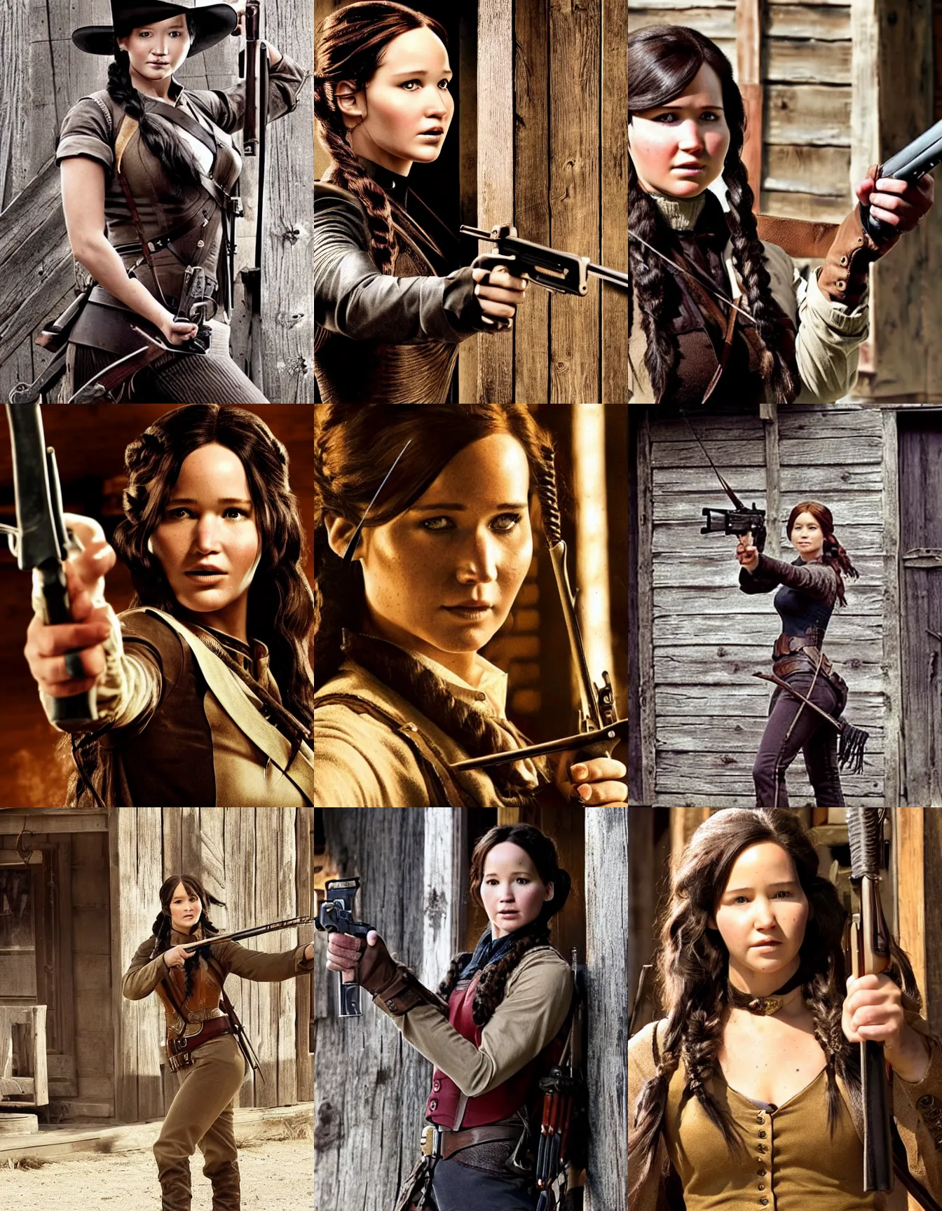 Prompt: ( katniss everdeen ) as a wild west cowgirl!!!!!!!!!!, holding a revolver, outside a saloon, in a wild west town, promotional press photo from true grit ( 2 0 1 0 )