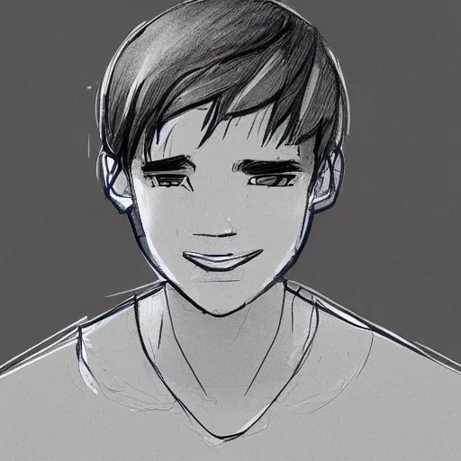 Prompt: sketch of a teenage boy with very short side part hair and a smile, trending on artstation