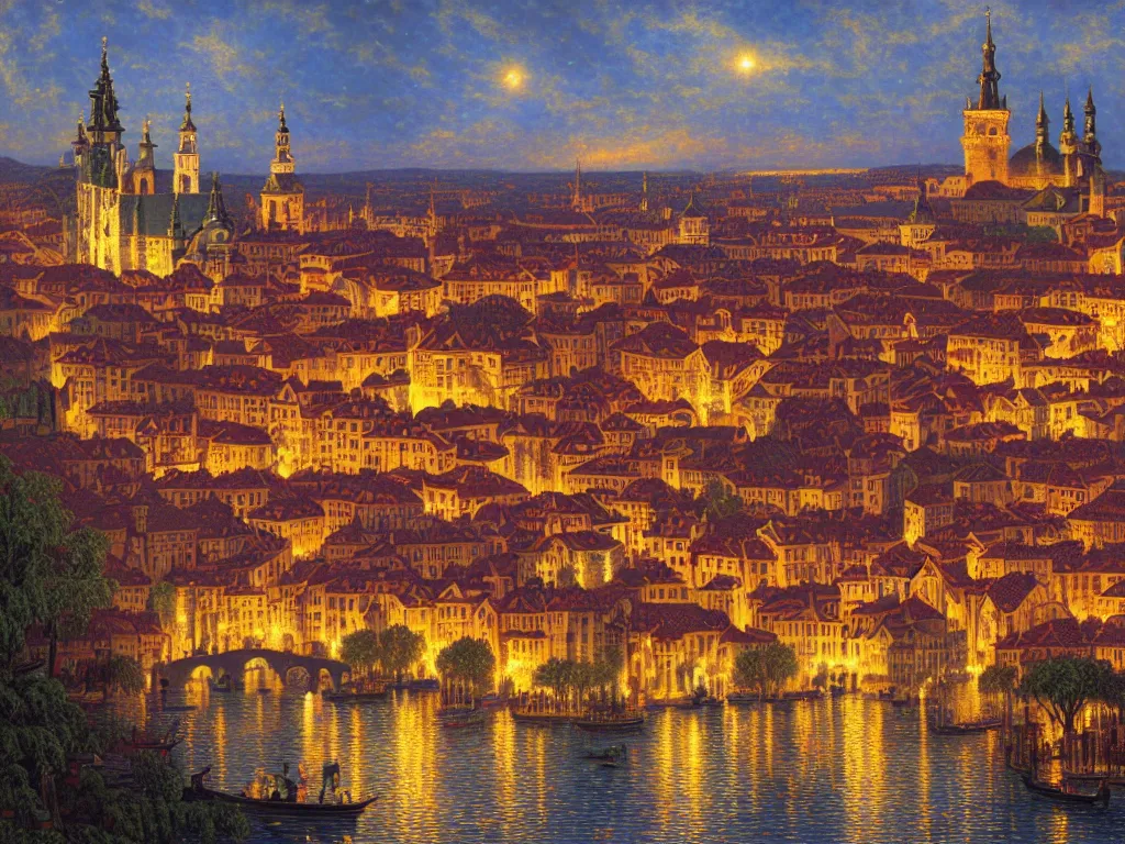 Image similar to a view of an ancient medieval castle city resembling prague castle and venice at night with a sky full of stars, intricate, elegant, highly detailed, digital painting, artstation, concept art, smooth, sharp focus, colored illustration for tattoo, art by thomas kincade and alphonse mucha,