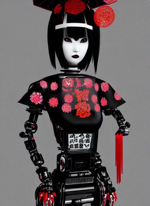 Image similar to full body portrait of a gothic style japanese robot geisha with kanji tattoos and decals wearing a digital pixelated kimono, intricate design, photo - realistic, octane render, dark colour palette, ultra fine detailed, character design, trending on artstation