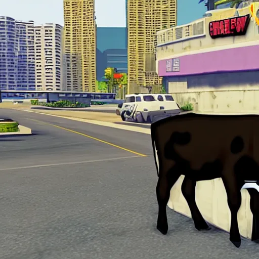 Prompt: a cow, in gta vice city