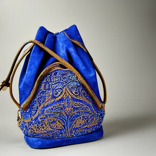 Prompt: a bucket bag made of blue suede. the bag is decorated with intricate golden paisley patterns. the handle of the bag is made of rubies and pearls.