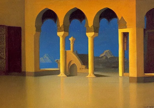 Image similar to a detailed oil painting of a arabian french large ball room, pillar, ominous,, curtains, by nicholas roerich, by gustave moreau, by frank frazetta, by hans emmenegger, by bruce pennington, by eyvind earle, moisture, grainy, highly detailed, realistic, outline, line,