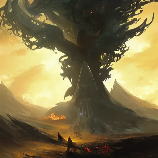 Image similar to the black dragon lies beside the world tree, and the sky is burning, by sung choi, by greg rutkowski.