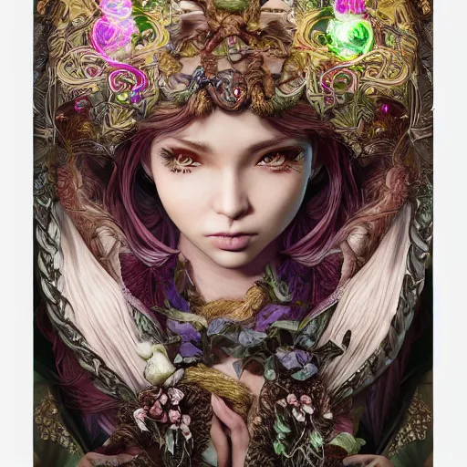 Image similar to the portrait of chaotic good female druid alchemist as absurdly beautiful, gorgeous, elegant, gravure idol, an ultrafine hyperdetailed illustration by kim jung gi, irakli nadar, intricate linework, sharp focus, bright colors, octopath traveler, final fantasy, unreal engine 5 highly rendered, global illumination, radiant light, detailed and intricate environment