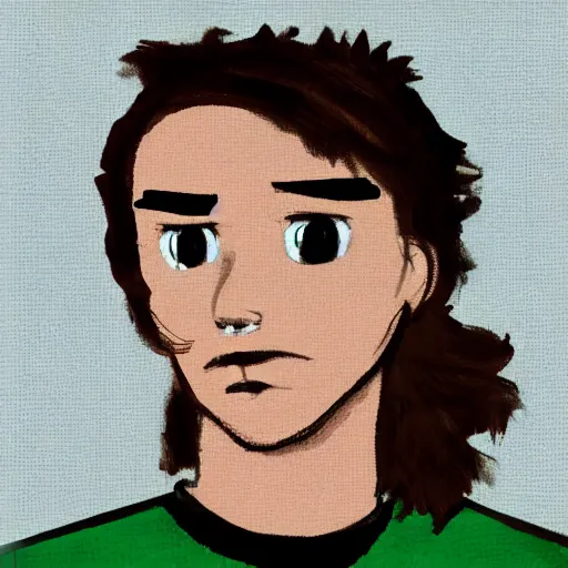 Image similar to a head - on comic - style colorful portrait of a 2 0 - something engineering student, brown messy hair, by laurie greasly