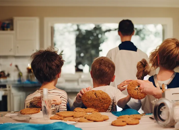 Prompt: a 3 5 mm photo from the back of a family making cookies, splash art, movie still, bokeh, canon 5 0 mm, cinematic lighting, dramatic, film, photography, golden hour, depth of field, award - winning, anamorphic lens flare, 8 k, hyper detailed, 3 5 mm film grain